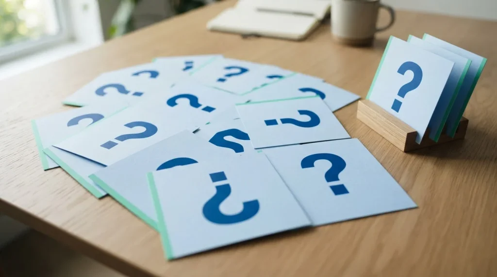 Mehrere Karten mit Fragezeichen liegen nebeneinander auf einem Tisch
