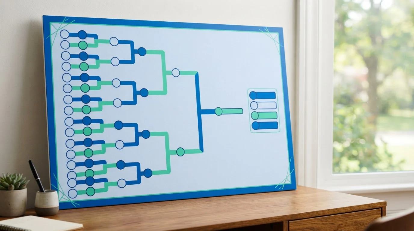 Turnierplan mit farbigen Verbindungslinien auf einer flachen Tafel