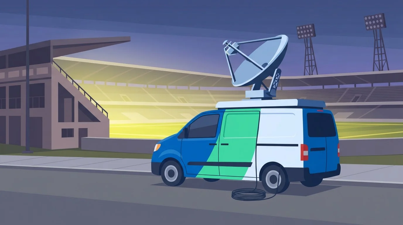 Übertragungswagen mit Satellitenschüssel neben einem Sportstadion