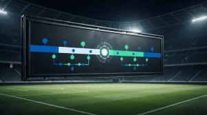 Horizontale Zeitlinie mit farbigen Markierungen für mehrere Spielereignisse und Pausen